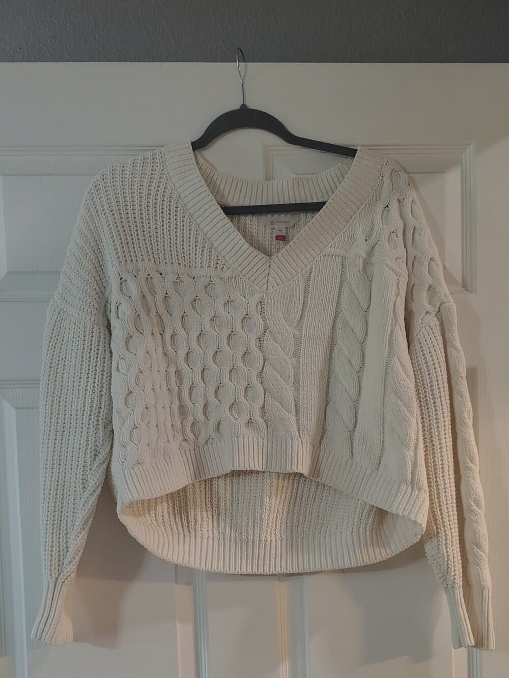 No Boundaries Cream Cable Knit V-Neck Sweater
